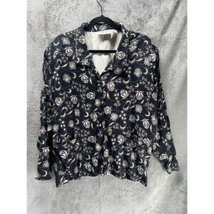 Vtg Passports Pier 1 Imports Rayon Jacket Shacket Black White Floral 80s 90s